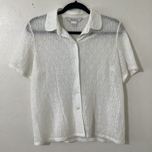 Vintage 90s White Sheer Lace Cottagecore Preppy Clean Girl Button Up Shirt S - Picture 1 of 8